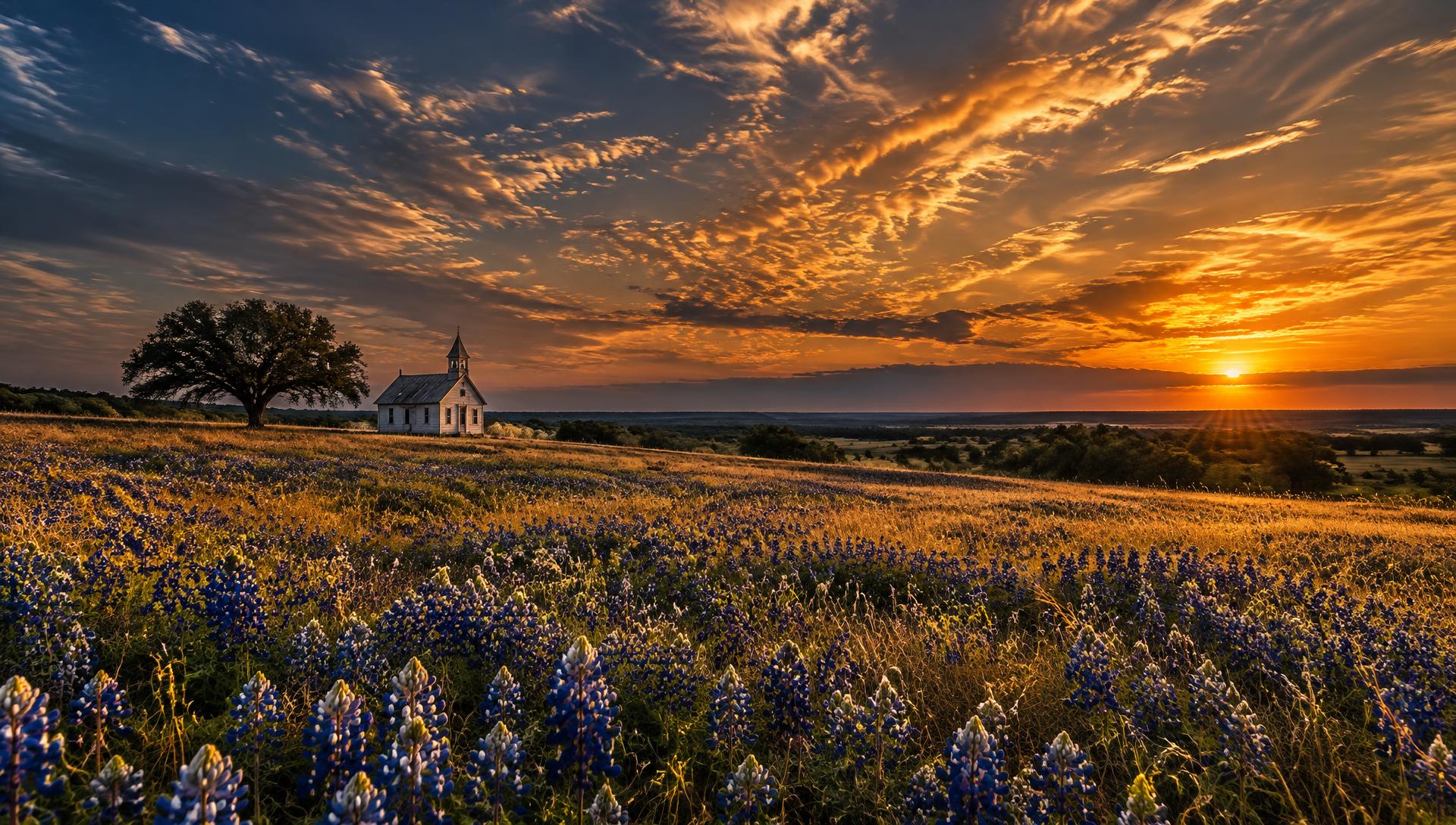 A small white Texas chapel beside a live oak, surrounded by bluebonnets at sunset